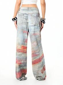 SUMWON WOMEN American Flag Print Distressed Ripped Baggy Wide Leg Jeans Stars Stripes Patriotic Denim 4th July - Blue - View 3