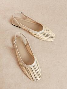 Rosivie Zapatos de mujer blancos tejidos con tira trasera hueca, zapatos de verano transpirables con punta cuadrada, suela plana y empeine bajo de estilo retro - Blanco tejido - Ver 1