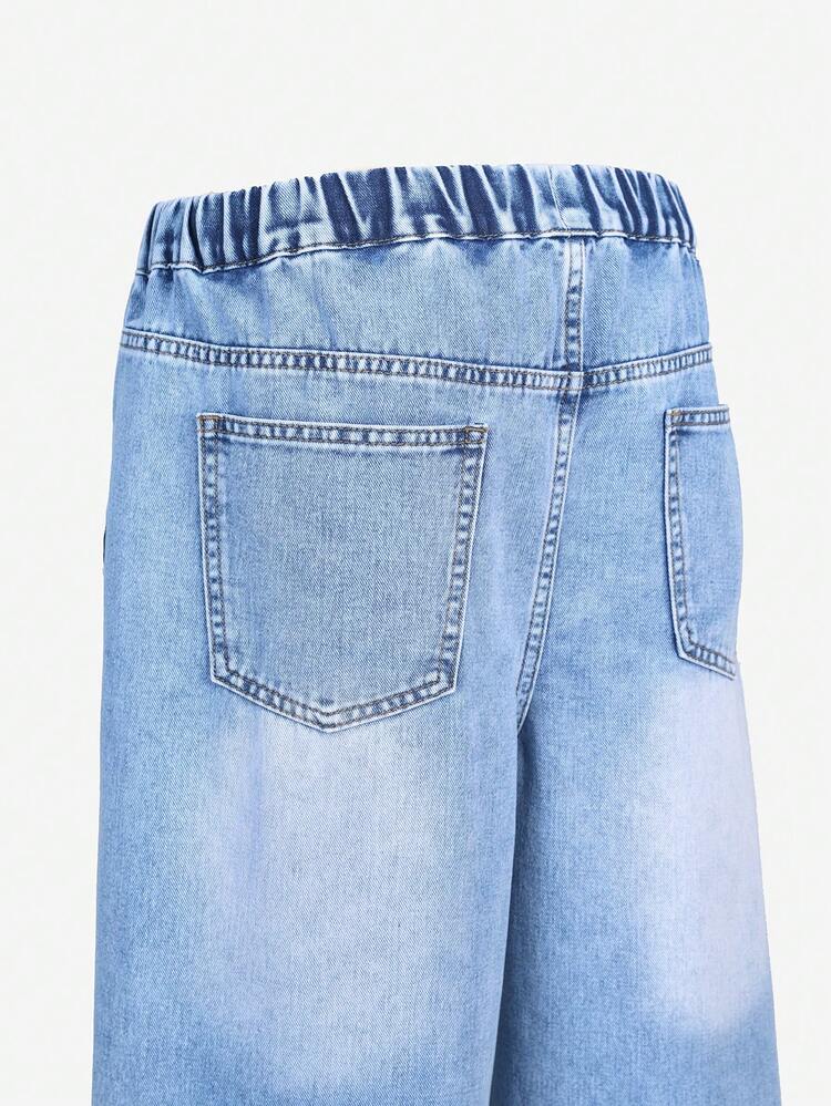 Teen Boys Light Blue Denim Washed Full Elastic Waistband Drawstring Casual Versatile Mid Blue Washed Distressed Straight Leg Loose Denim Pants Holiday Daily Outing School Commute Party Home Festival Perfect Choice - Blue - View 4