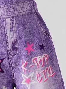 TWEEN Girls Fall Clothes Autumn Purple Acid Wash Cartoon K-Pop Girl Graphic Print Pocket Wide Leg Denim Look Overalls Casual Streetwear Jumpsuit Fa... - Purple - View 8