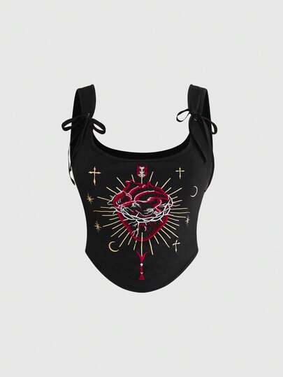 ROMWE Fairycore Plus Size Summer Casual Embroidered Fitted Tank Top