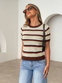 Siren Gaze Women's Round Neck Brown And Cream Patchwork Casual Retro Vintage Preppy Versatile Daily Everyday School Outing Knit Top Back-To-School Autumn - Multicolor - View 5