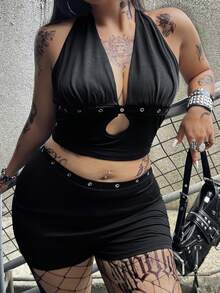 Whyspr Plus Size Women's Y2K Style Black Spaghetti Strap Cutout Top Rivet Waist-Cinched Slimming High-Waist Shorts With Eyelet Decor, 2 Pieces Concert Summer - Black - View 3