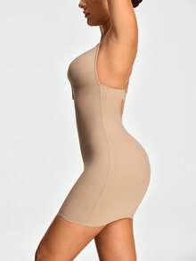SHAPORA Đầm ôm body đơn giản màu trơn dây mảnh chéo lưng cho nữ - Màu Khaki - Xem 5