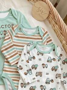 SHEIN Conjunto de 3 piezas de mameluco de manga larga con patrón de dibujos animados de punto casual y lindo para bebé recién nacida, ropa de casa - Verde - Ver 2