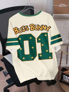 LOONEY TUNES X SHEIN 男士休闲日常通勤时尚街头运动趣味卡通兔子、数字、星星印花宽松短袖T恤，夏季 - 白色 - 查看 2