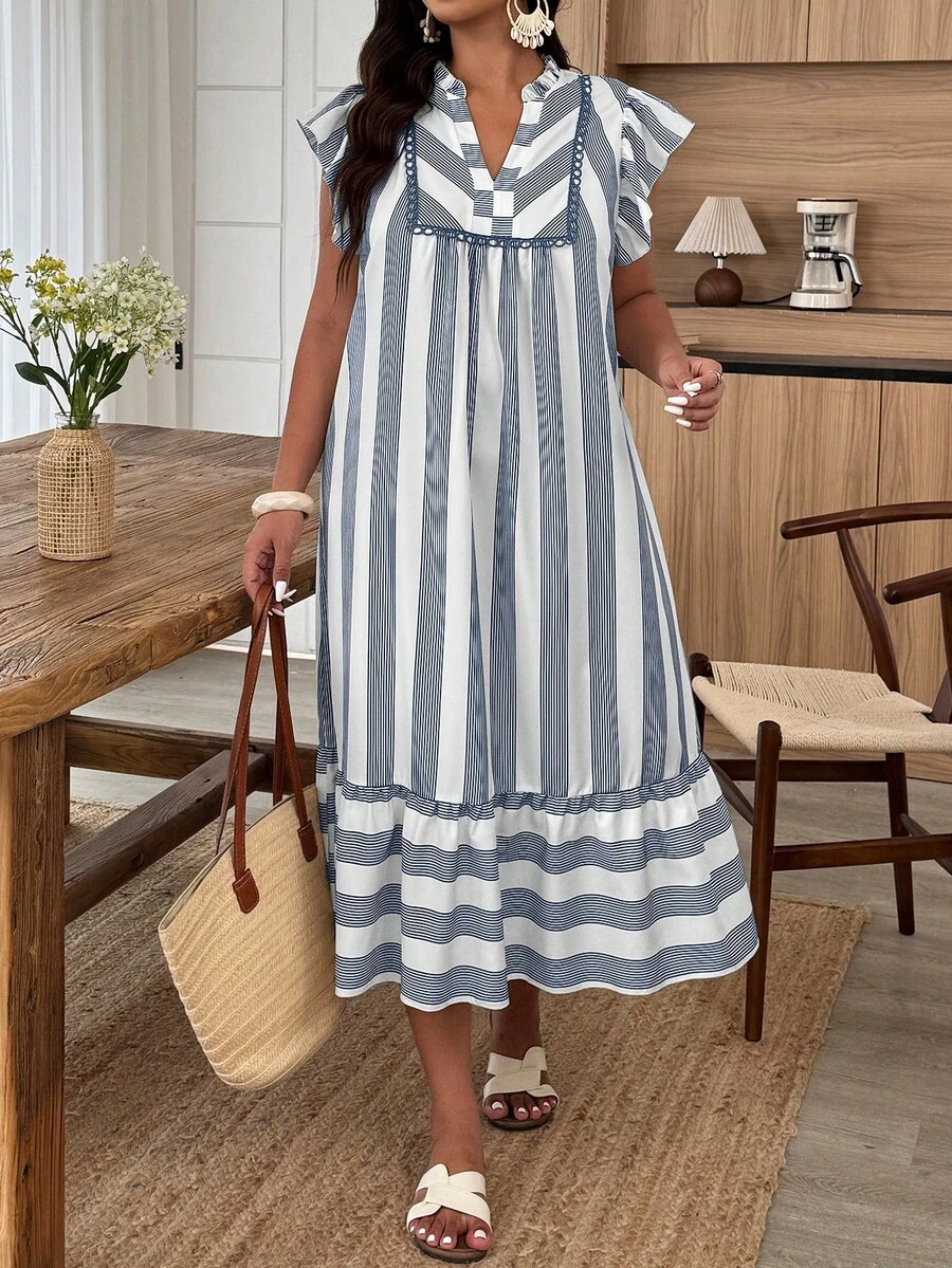 Weeklong Women's Plus Size Spring/Summer Casual Vacation Loose Striped Ruffle Sleeve Ruffle Hem Dress, Suitable For Daily And Vacation Wear - Multicolor - View 1