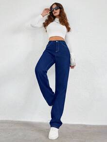 EURMUSE Jeans de pierna recta con bolsillos inclinados 100% de algodón - Azul Marino - Ver 3