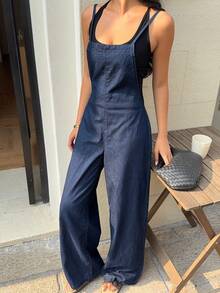 SHEIN PETITE 小碼女款口袋設計休閒簡約寬腿牛仔連身褲 夏季穿搭 野餐 工作 日常旅行開學季 海軍藍 - 藍色 - 查看 12