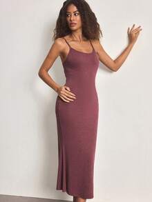 Ocili Comfortable Soft Minimalist Fitted Bamboo Knit Slip Dress, Women Loungewear - Burgundy - View 3