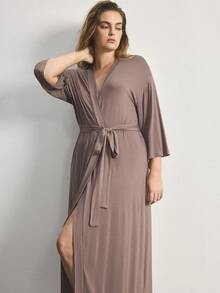 Ocili Comfortable Soft Minimalist Long Sleeve Plus Size Robe - Brown - View 2