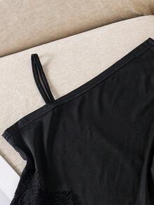 SHEIN 女童休閒個性化細肩帶背心上衣，黑白針織面料，不對稱肩帶與下擺，適合旅行、度假、散步、外出，可搭配長褲、短褲、裙子、外套 - 黑色 - 查看 5
