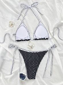 Swim Mod 女款夏季新款波點飾邊性感比基尼兩件式泳衣 性感風格海灘度假泳裝 - 黑色 - 查看 2