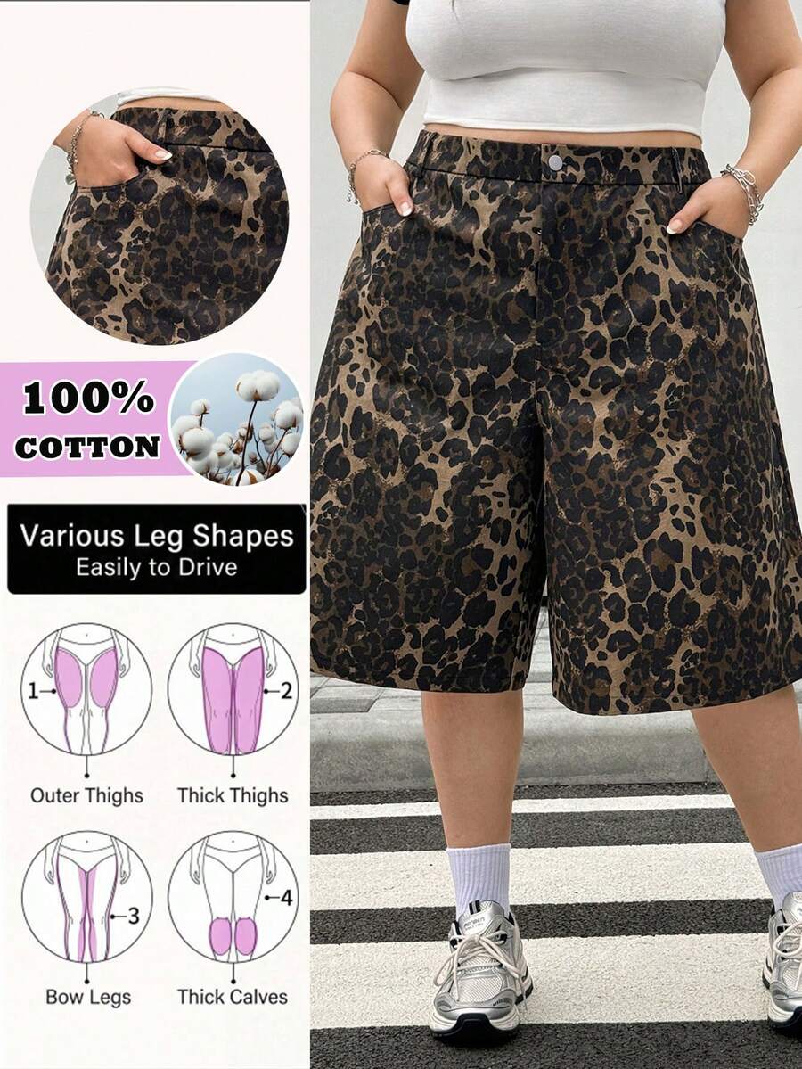 SHEIN CURVE+ 女款大尺碼時尚休閒寬鬆口袋設計短褲,度假、夏季、海灘短褲、嘉年華服裝、夏季、外出、休閒、海灘度假 - 綠色 - 查看 1