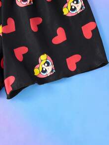 THE POWERPUFF GIRLS X SHEIN Conjunto de pijama infantil feminino com estampa floral e de corações, composto por camiseta e shorts. Ideal para primavera/verão. - Preto - Ver 5