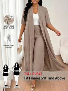 SHEIN Tall CURVE Plus Size Casual Traditional Elegant Commuter Lounge Vacation Solid Color Long Jacket And Pants 2 Pieces Set Evening Business Formal Autumn Fall - Khaki - View 9