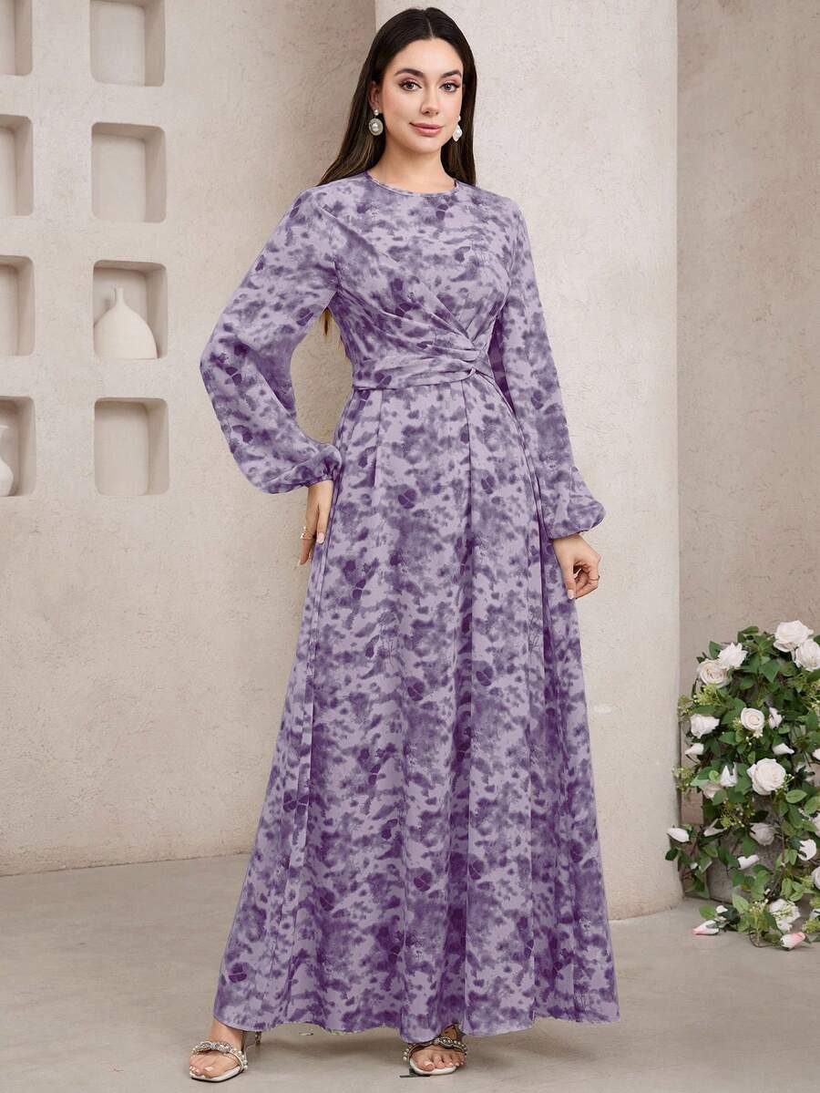 Veilorie Women's Elegant All-Over Print Twist Waist Lantern Sleeve Dress - Dusty Purple - View 1