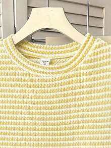 SHEIN Tank Top & Cami Rajut Jacquard Bergaris Kerah Bulat untuk Anak Perempuan Remaja - Kuning - View 5