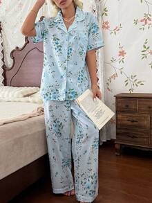 CottageSlumber Floral Print Lapel Short Sleeve Long Pants Pajama Set - Baby Blue - View 3