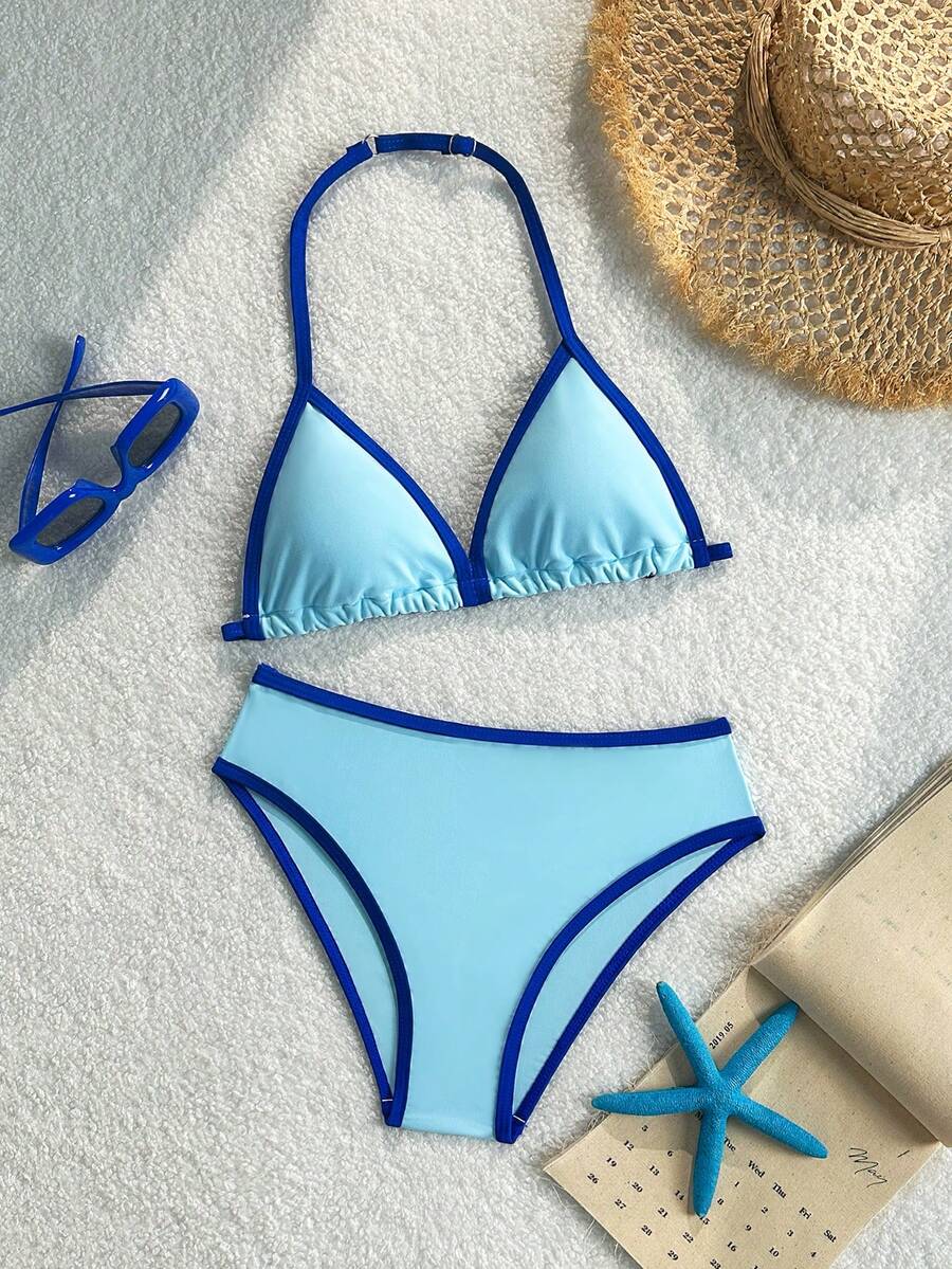 SHEIN 青少年女孩比基尼套裝,海軍藍與白色拼色純色高彈性親膚柔軟光滑面料兩件式掛脖三角杯比基尼上衣高腰三角泳褲套裝,經典運動風適合青少年女孩游泳海灘拍照夏季海濱度假泳池水上遊戲時尚休閒精緻適合游泳適合夏季度假夏季海灘海濱泳池游泳池夏季度假派對休閒度假 - 藍色 - 查看 1