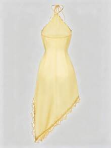 SHEIN PariChic Women's Solid Color Contrast Lace Fashion Halter Neck Short Dress - Pale Yellow - View 2
