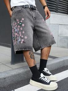 Manfinity EMRG 男士街頭風休閒刺繡灰色牛仔短褲 - 灰色 - 查看 3