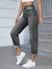 Flexra Women's High Waist Pocket Casual Versatile Commute Jeans - Dark Grey - View 7