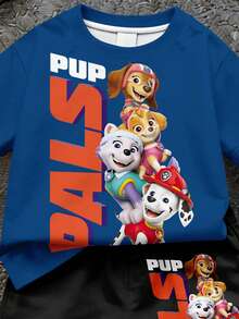 SHEIN | PAW Patrol 兒童小男孩休閒簡約T恤套裝，經典勇敢卡通圖案印花，Chase、Rubble、3D圖案印花，精緻徽章Logo圖案印花 - 彩色 - 查看 5