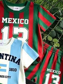 RANDOM 3 SETS ENVIAR 1 SET, Conjunto Combinado Estilo Deportivo de Verano. Incluye Estilos con Tema de la Copa de Fútbol con Camiseta Estampada a Rayas Amarillas & Verdes de Brasil + Pantalones Cortos, Jerseys con Temas de Varios Países - Multicolor - Ver 5