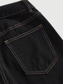 ROMWE Women's Slogan Wide Leg Jeans Street Style Hot Girl Music Festival Versatile Yellow Letter Print - Black - View 5