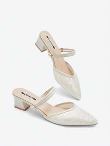 Eladyva New Arrival Pointed Toe Embroidered Double-Purpose High Heels Chunky Heel Slippers Sandals,Elegant,Mule,Elegant,Summer Outfits - Beige - View 9