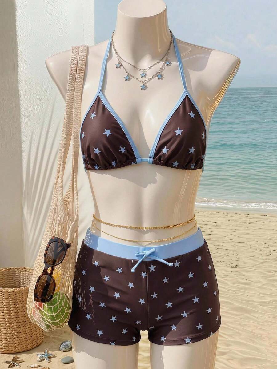 SHEIN 兒童青少年女孩黑色針織對比滾邊細肩帶比基尼上衣搭配花卉印花短褲度假泳裝套裝 - 彩色 - 查看 1