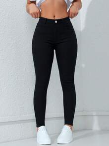 SHEIN ICON 纯色斜口袋紧身黑色牛仔裤 - 黑色 - 查看 2