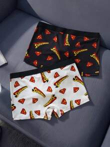 SUPERMAN X SHEIN Men's Fashion Letter Print Boxer Briefs - Black and White - View 2