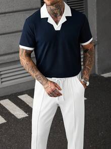 Manfinity CasualCool Men's Plus Size Colorblock Short Sleeve Polo Shirt And Long Pants Casual Daily Set - Navy Blue - View 7