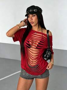 StreetHx Women's White Ripped Front Sexy Hollow Out Fringe Design Street Wear Y2K Baddie Punk Rock Oversized Suitable For Music Festivals Short Sleeve T-Shirt - Burgundy - View 4