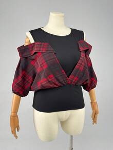 Franclia Talla Grande Diseño de Verano Manga Corta Patchwork a Cuadros 2 en 1 Hombros Descubiertos - Multicolor - Ver 6