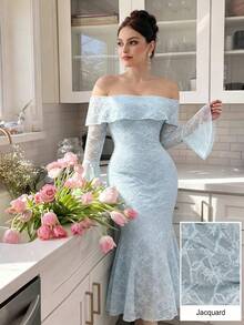 Modelyn Robe de soirée élégante et sophistiquée style dame, bandeau tube, tricot jacquard, manches évasées, coupe slim, robe grande taille pour femmes - Bleu azur - Voir 4