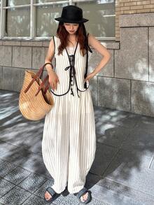 FRIFUL Damen-Set mit figurbetonter Weste mit Bindung und offener Front sowie weiten Hosen, gestreifter Leinenstoff für den ganzen Körper, elastischer Bund, Urlaubsstil, Sommer, Schwarz und Weiß, lässig - Khaki - Übersicht 7