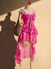 SHEIN ICON Plus Size Black V-Neck Ruffle Trim Front Short Back Long Cami Dress, Y2K Sexy Ruffle Cami Dress - Hot Pink - View 9