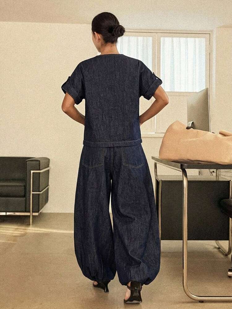 Women's Casual Button Front Short Sleeve Denim Jacket And Wide Leg Jeans Set, Spring/Summer