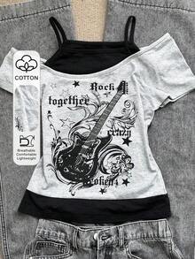 DAZY Áo top nữ casual họa tiết guitar & chữ in phối patchwork, đa năng cho mùa xuân & mùa hè - Xám - Xem 1