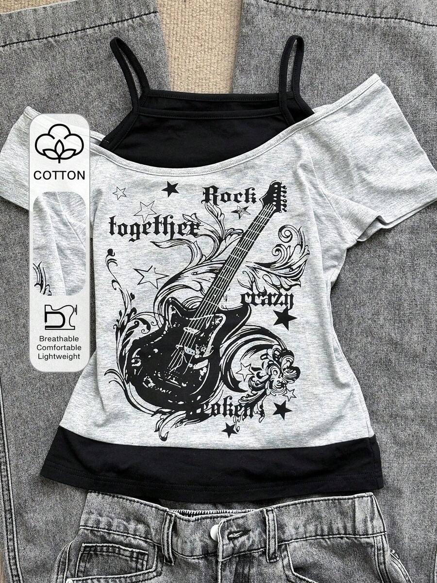 DAZY Áo top nữ casual họa tiết guitar & chữ in phối patchwork, đa năng cho mùa xuân & mùa hè - Xám - Xem 1