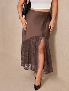 Elaquor Plus Size Summer Elegant Solid Color Lace Patchwork High Slit Skirt - Coffee Brown - View 3