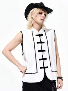 ROMWE MEN Street Life Men's Frog Button Lace Patchwork Contrast Color Fashion Denim Vest - Black and White - View 6