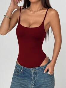 FavEase 女款春夏歐美風性感時尚極簡修身低領素色休閒百搭連身衣 - 酒紅色 - 查看 5