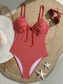 Swim Mod Women's Red Plaid Random Print Drawstring Front One-Piece Swimsuit, Suitable For Summer Beach Vacation - Red - View 4