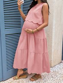 Boho Mama Maternity Vacation Casual Solid Color Tank Top & Skirt 2 Pieces Set - Dusty Pink - View 8