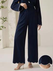 Veilorie Bottom Only(Without Top)Conservative Casual Wave Hem Embroidered Women Pants - Navy Blue - View 3