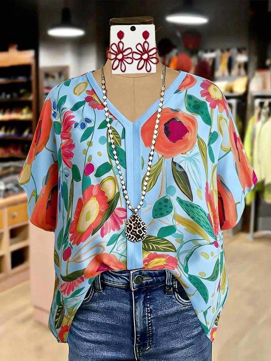 Linhara Plus Size Women's Vintage Loose Heavy Embroidery Round Neck Lace-Up Short Sleeve Linen Shirt Designer Casual Versatile Top - Baby Blue - View 1